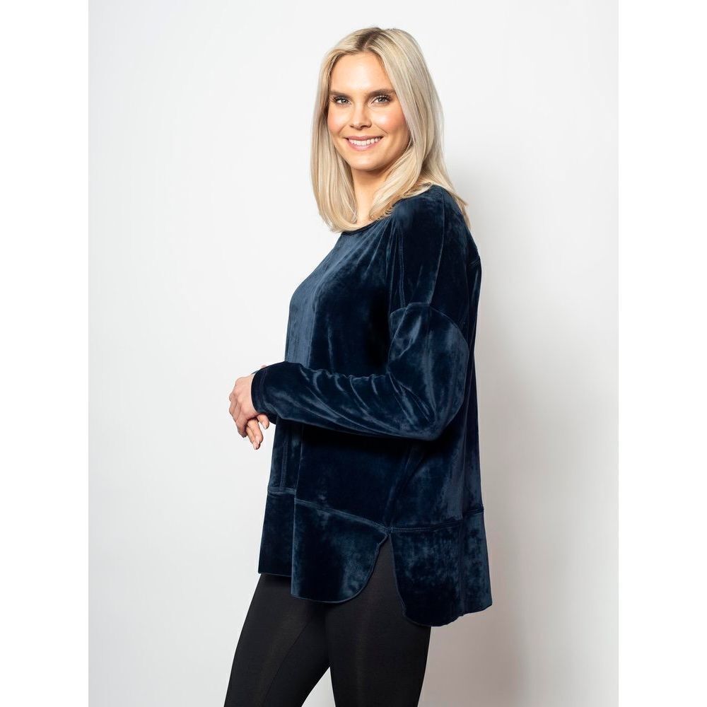 Sno Skins Plush Velour Boyfriend Pullover Round Neck Side Slit Oversized Blue XS